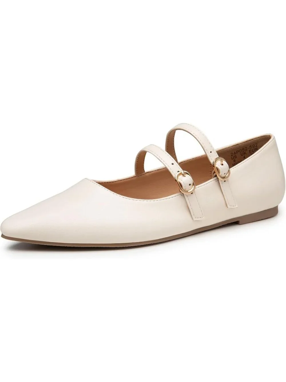 Women's Cream Mary Jane Shoes Women Closed Pointed Toe Ballet Flats Comfortable